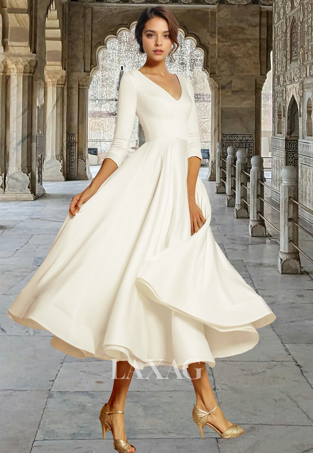 wedding dress pleated V-Neck Half-Sleeves A-Line Boho Midi Wedding Dress Pleated Satin Beach – Laxag