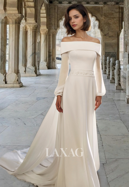 Tube Top Long-Sleeves Satin A-Line Wedding Dress Off-Shoulder Pleated Beaded Train Bride Gowns