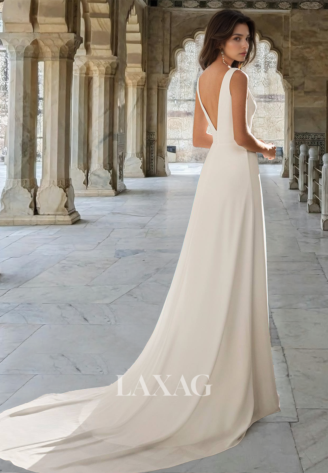 Off-Shoulder Deep V-Neck Straps Pleated Floor-Length Fitted Boho Weddi Laxag Off-Shoulder Deep V-Neck Straps Pleated Floor-Length Fitted Boho Weddi Laxag