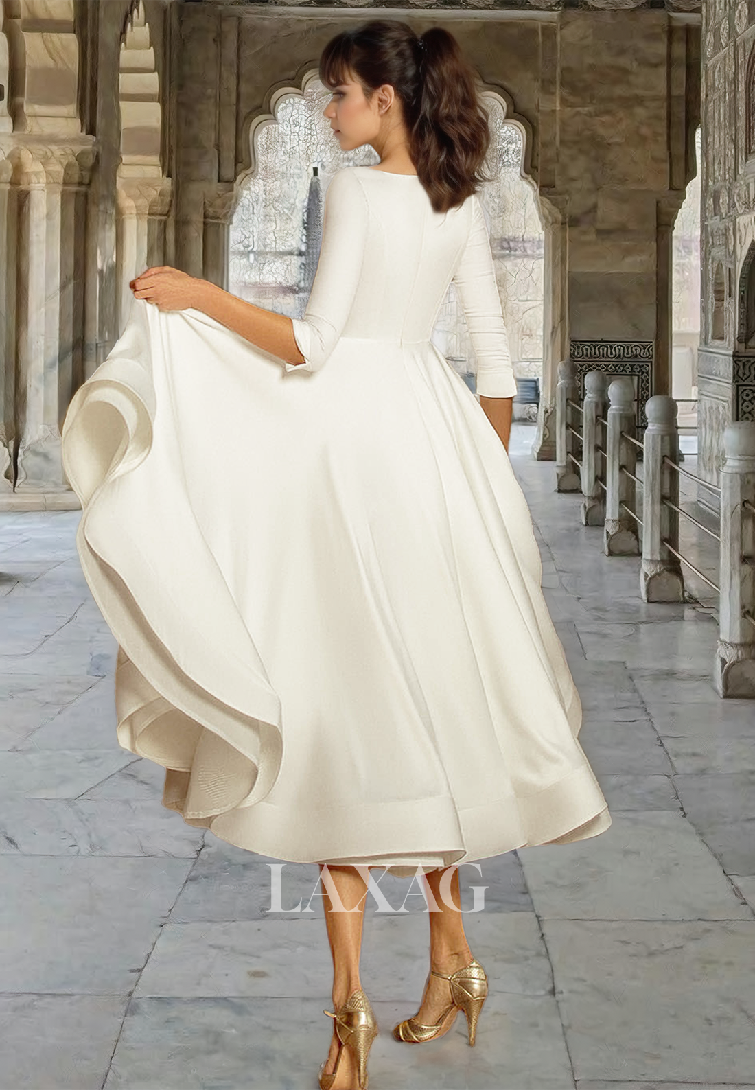 V-Neck Half-Sleeves A-Line Boho Midi Wedding Dress Pleated Satin Beach Bride Gowns