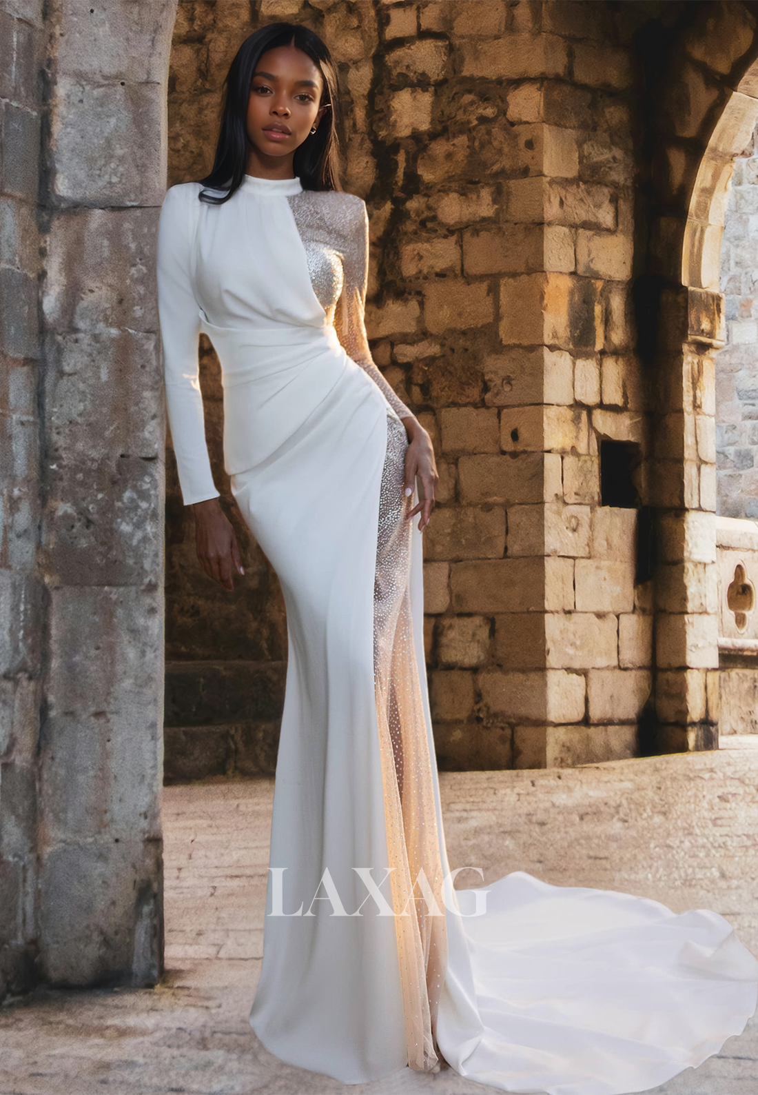 High Scoop-Neck Long-Sleeves Mermaid Wedding Dress Beaded Pleated Swee Laxag High Scoop-Neck Long-Sleeves Mermaid Wedding Dress Beaded Pleated Swee Laxag