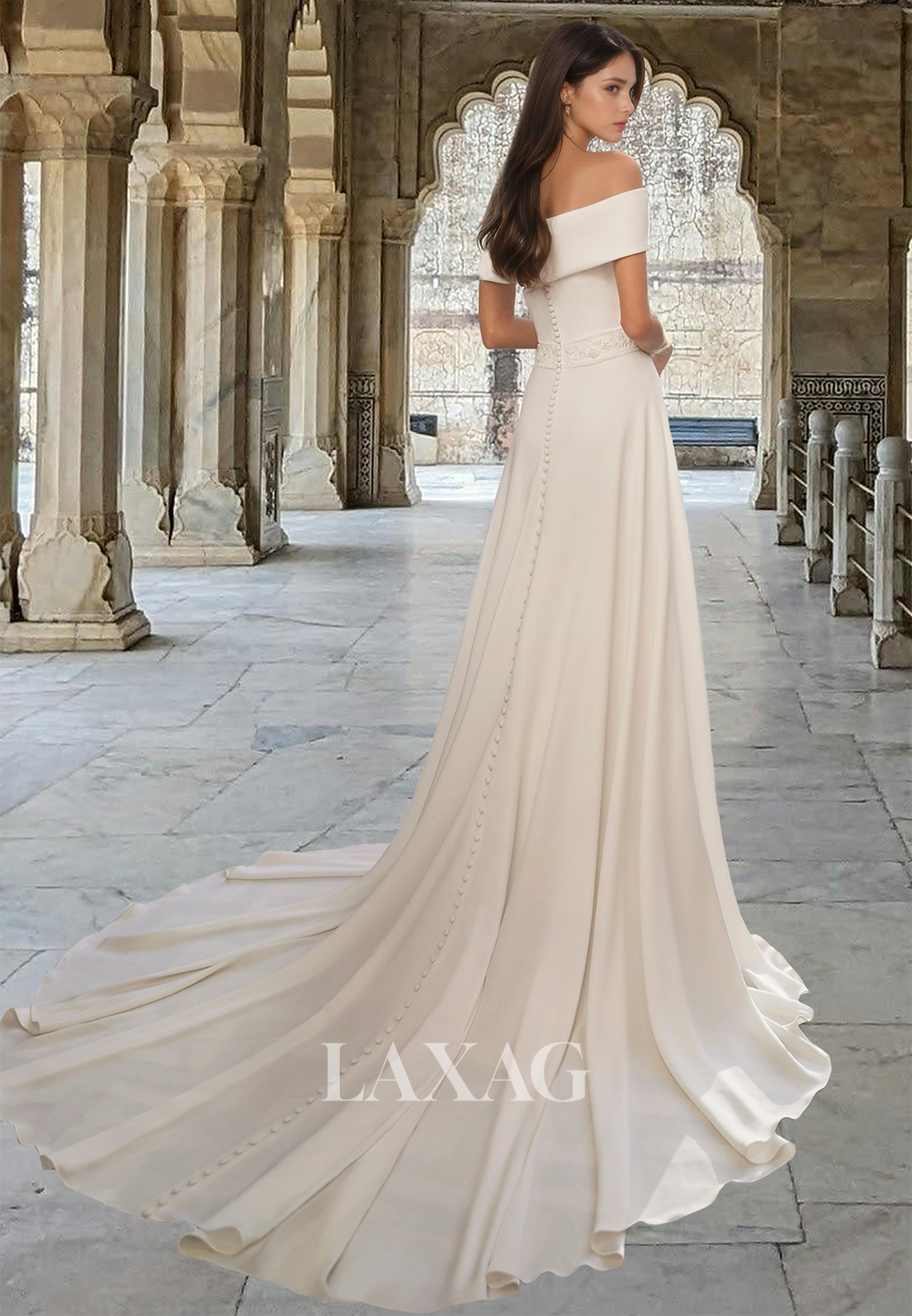 Tube Top Long-Sleeves Satin A-Line Wedding Dress Off-Shoulder Pleated Beaded Train Bride Gowns