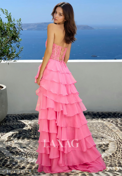 Sweetheart Off-Shoulder Sleeveless A-Line Prom Dress Lace Applique Tiered Chiffon Formal Gowns