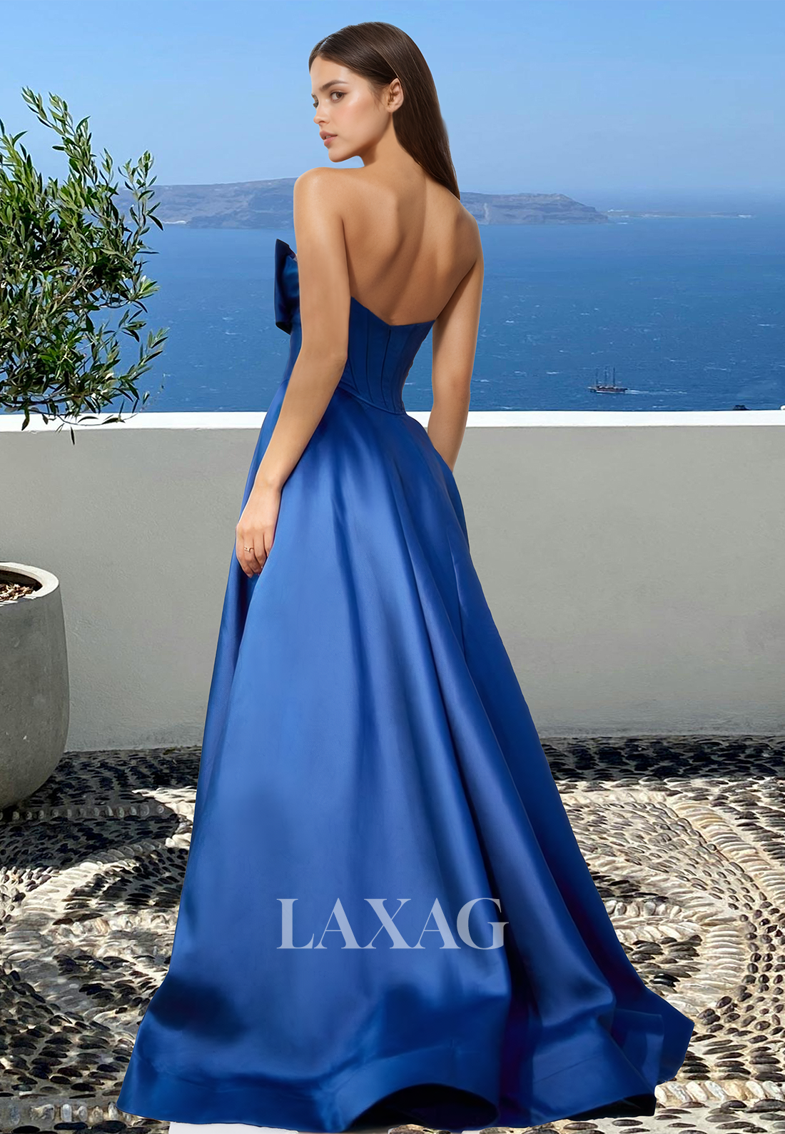 A-Line Off-Shoulder Sleeveless Party Gowns Bow Sweetheart Cutout Prom Dress with High Slit