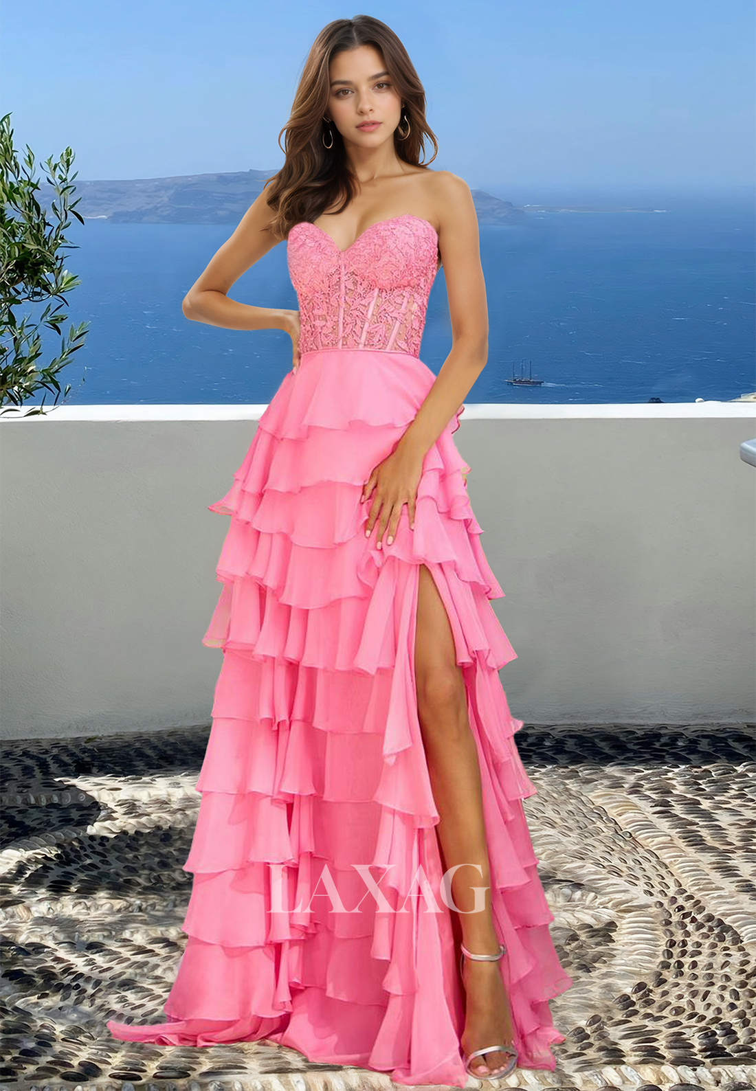 Sweetheart Off-Shoulder Sleeveless A-Line Prom Dress Lace Applique Tiered Chiffon Formal Gowns