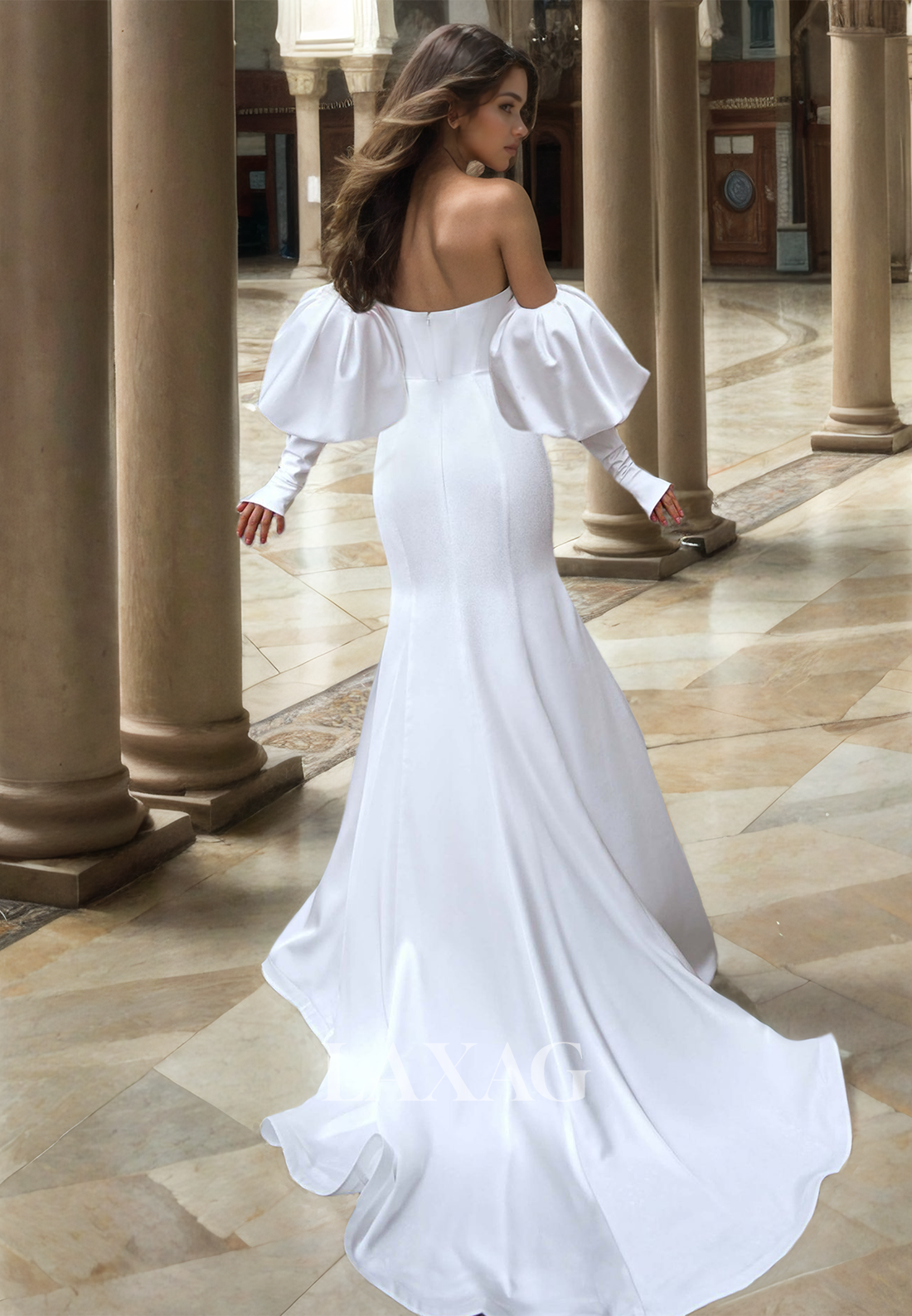 Tube Top Long-Puff-Sleeves Chiffon Mermaid Wedding Dress Off-Shoulder Pleated Bride Gowns