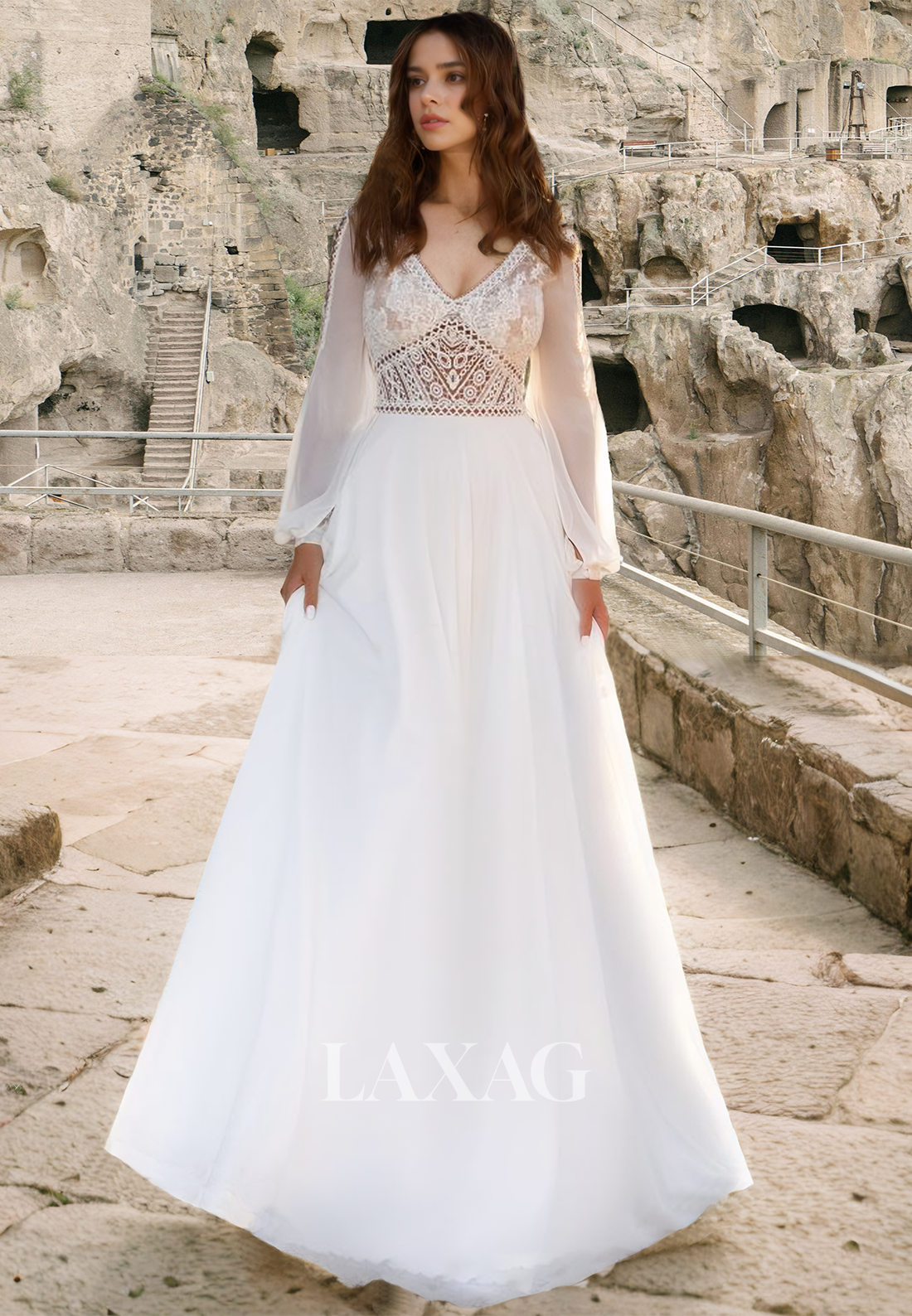 V-Neck Long-Sleeves A-Line Wedding Dress Pleated Cutout Lace Applique Chiffon Bride Gowns with Sweep Train