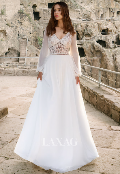 V-Neck Long-Sleeves A-Line Wedding Dress Pleated Cutout Lace Applique Chiffon Bride Gowns with Sweep Train