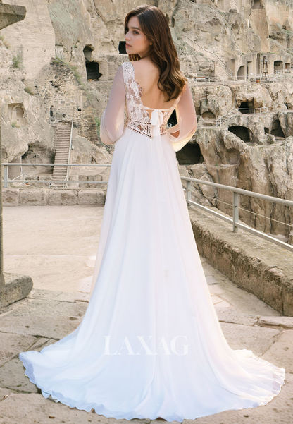 V-Neck Long-Sleeves A-Line Wedding Dress Pleated Cutout Lace Applique Chiffon Bride Gowns with Sweep Train