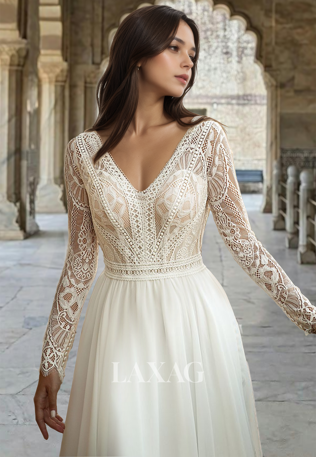 V-Neck Lace Long-Sleeves Pleated Cutout Chiffon A-Line Wedding Dress with Sweep Train