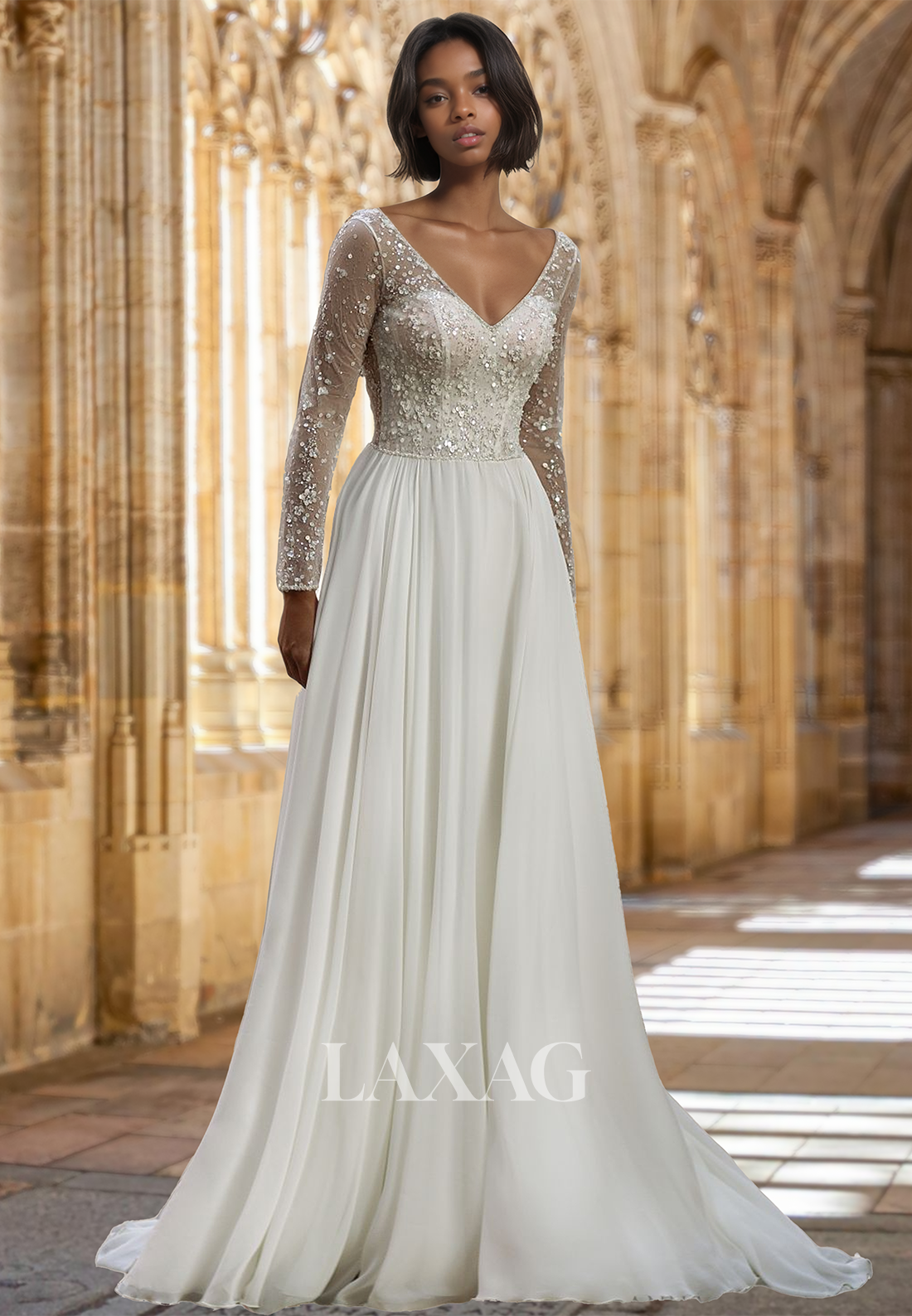 beaded chiffon wedding dress A-Line V-Neck Long-Sleeveless Chiffon Wedding Dress Beaded Sequins Ple –  Laxag