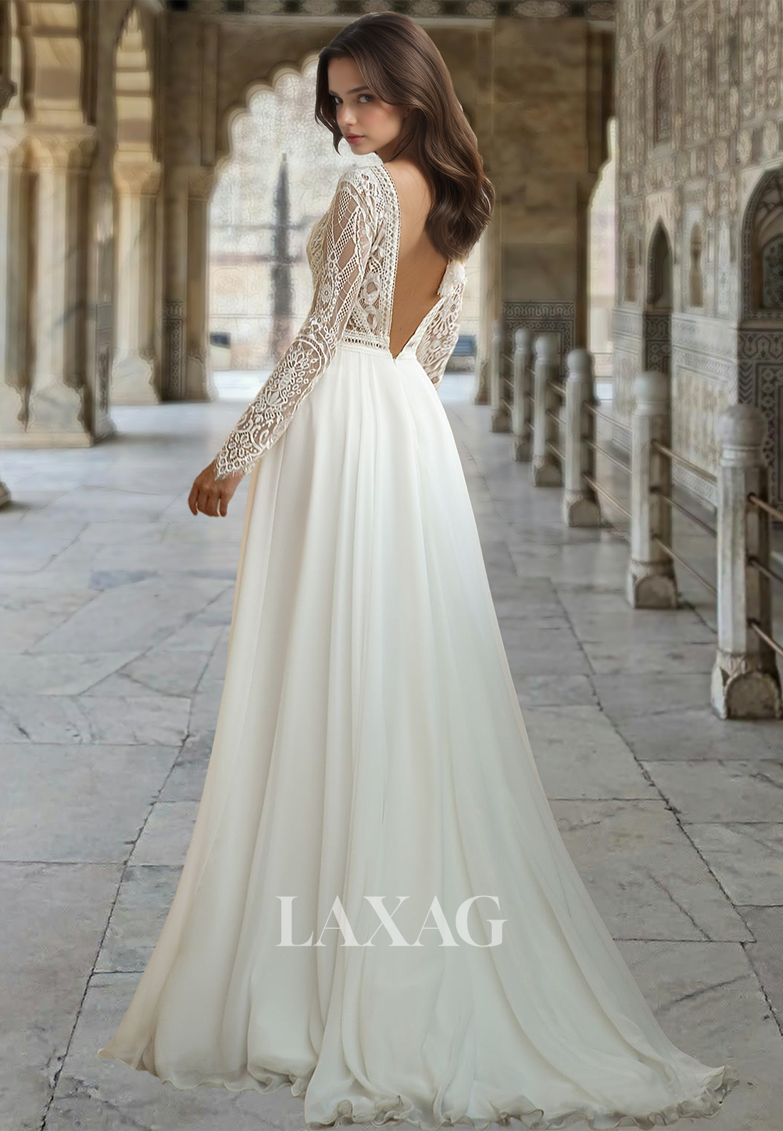 V-Neck Lace Long-Sleeves Pleated Cutout Chiffon A-Line Wedding Dress with Sweep Train