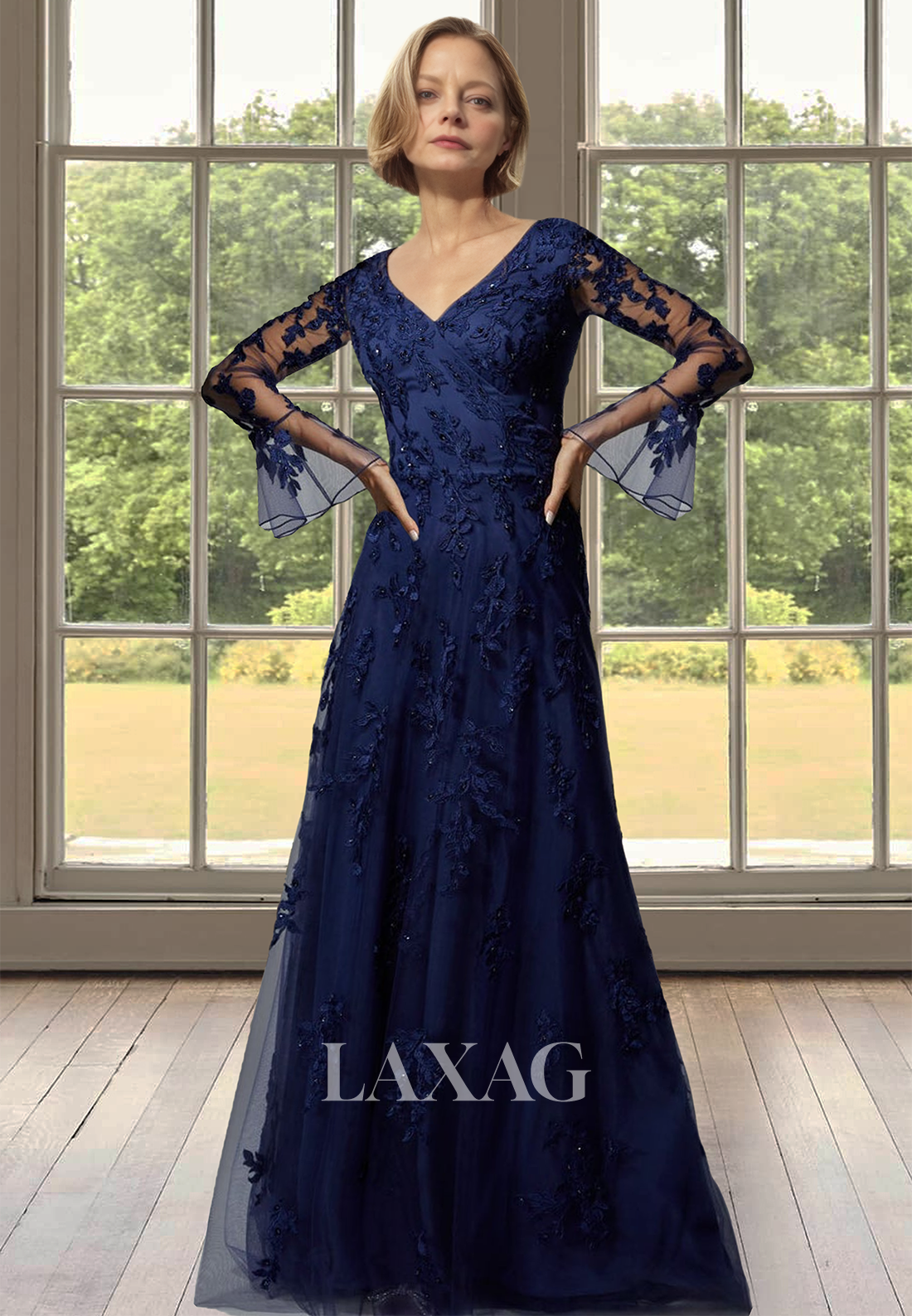 V-Neck Long-Sleeves Fitted Mother of the Bride Dress Allover Lace Applique Sheer Cocktail Gowns