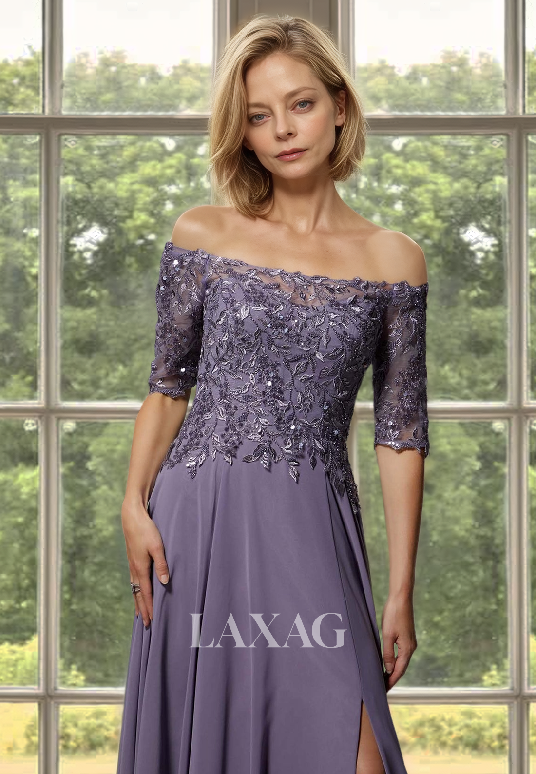 Tube Top Half-Sleeves Chiffon A-Line Mother of the Bride Dress Beaded Foliage Motif Applique Cocktail Gowns