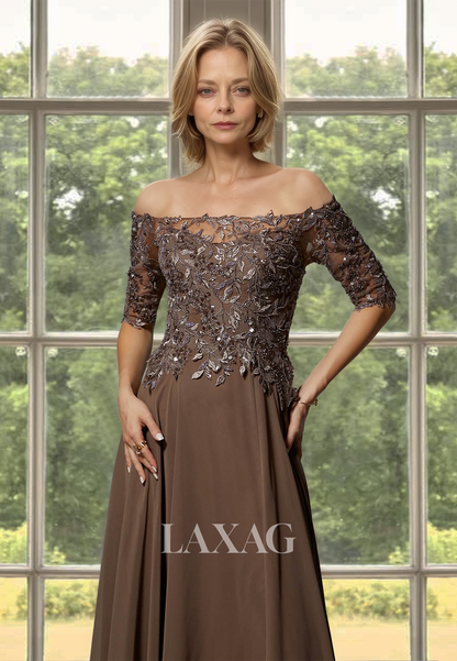 Tube Top Half-Sleeves Chiffon A-Line Mother of the Bride Dress Beaded Foliage Motif Applique Cocktail Gowns