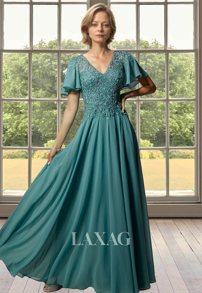 Short-Sleeves V-Neck Floor-Length Cocktail Gowns Beaded Applique Chiffon A-Line Mother of the Bride Dress