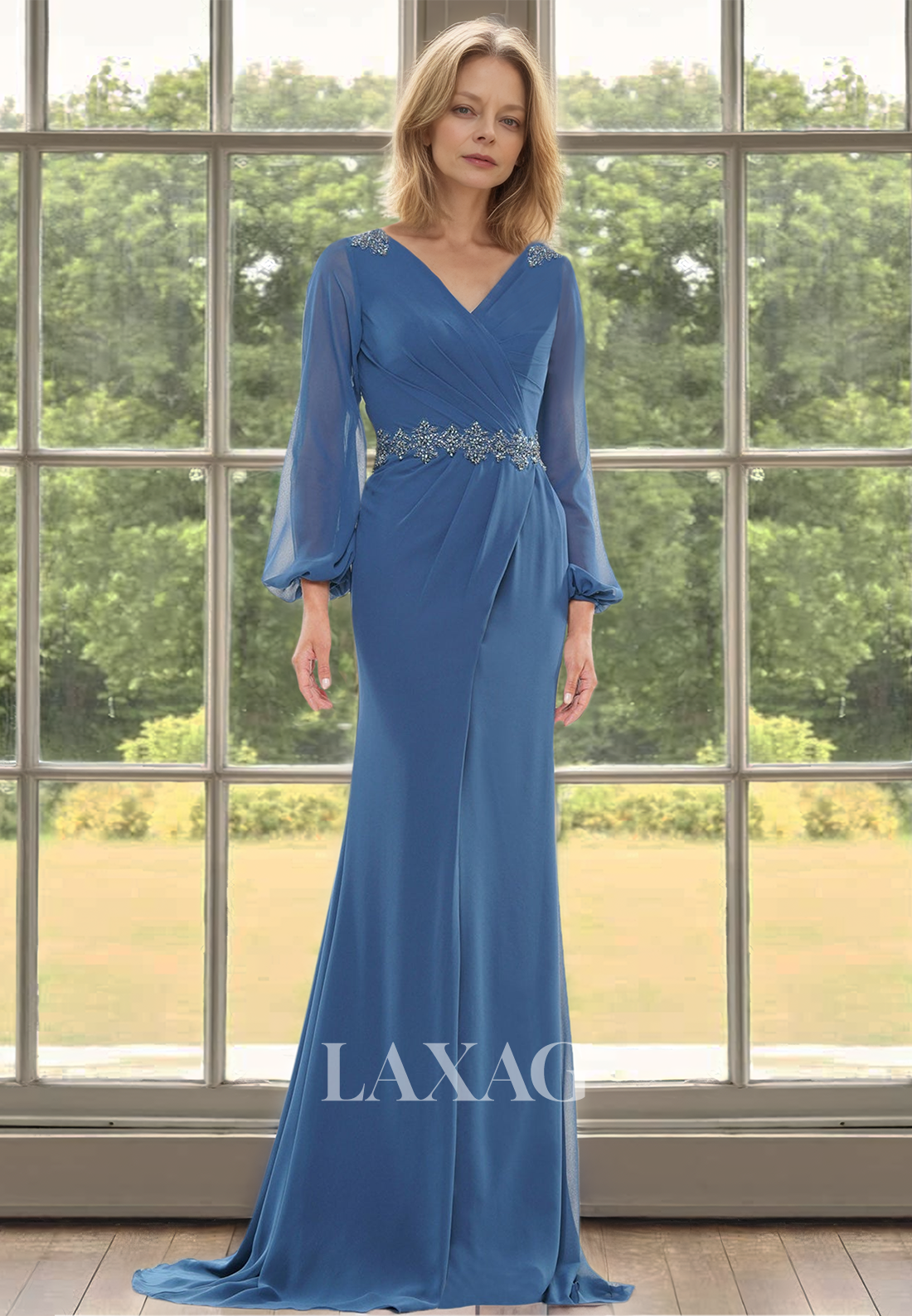 V-Neck Long-Sleeves Pleated Cocktail Gowns Beaded Floor-Length Mermaid Mother of the Bride Dress