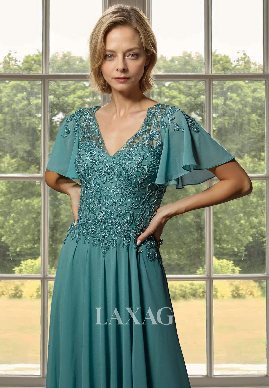 Short-Sleeves V-Neck Floor-Length Cocktail Gowns Beaded Applique Chiffon A-Line Mother of the Bride Dress