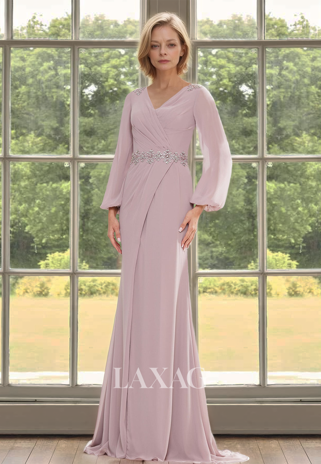 V-Neck Long-Sleeves Pleated Cocktail Gowns Beaded Floor-Length Mermaid Mother of the Bride Dress