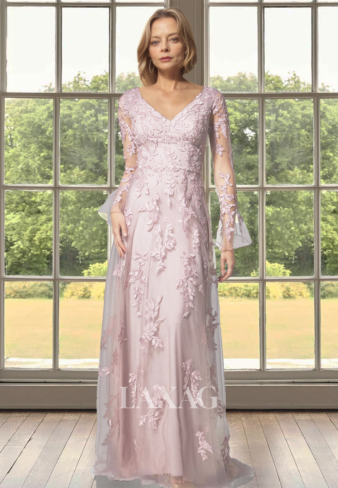 V-Neck Long-Sleeves Fitted Mother of the Bride Dress Allover Lace Applique Sheer Cocktail Gowns