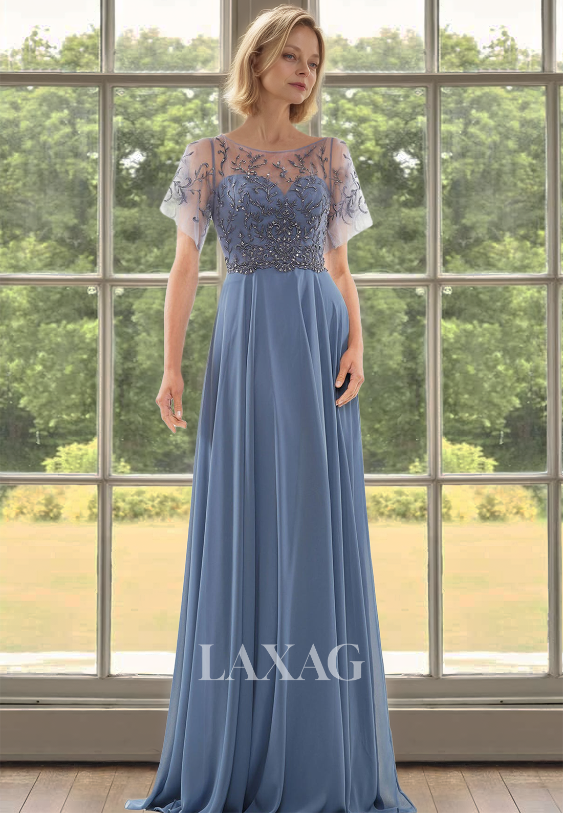 Scoop-Neck Short-Sleeves Beaded Applique Pleated Sheer Chiffon A-Line Mother of the Bride Dress