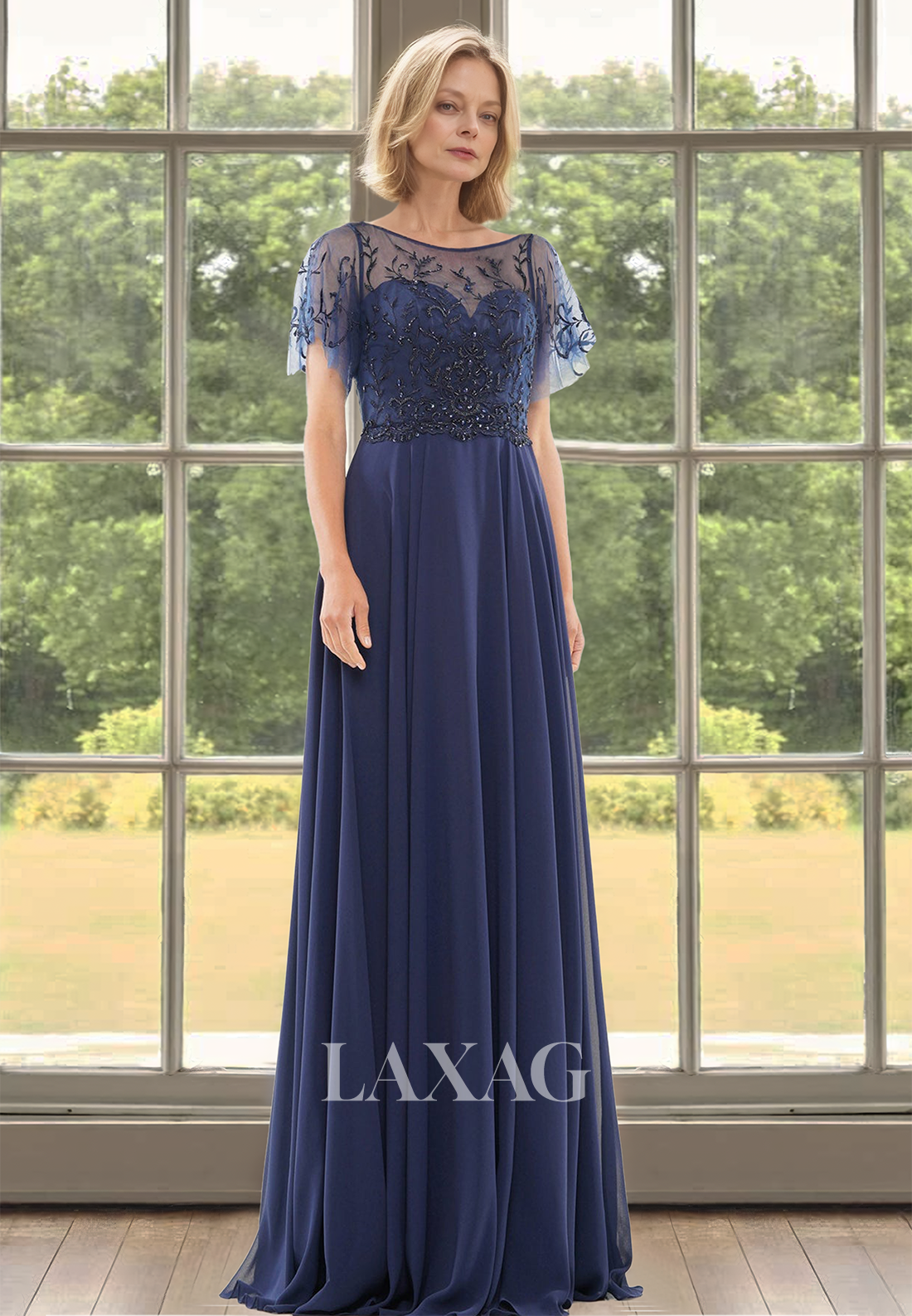 Scoop-Neck Short-Sleeves Beaded Applique Pleated Sheer Chiffon A-Line Mother of the Bride Dress