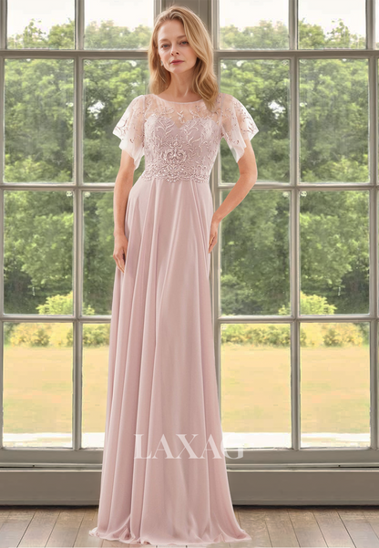 Scoop-Neck Short-Sleeves Beaded Applique Pleated Sheer Chiffon A-Line Mother of the Bride Dress