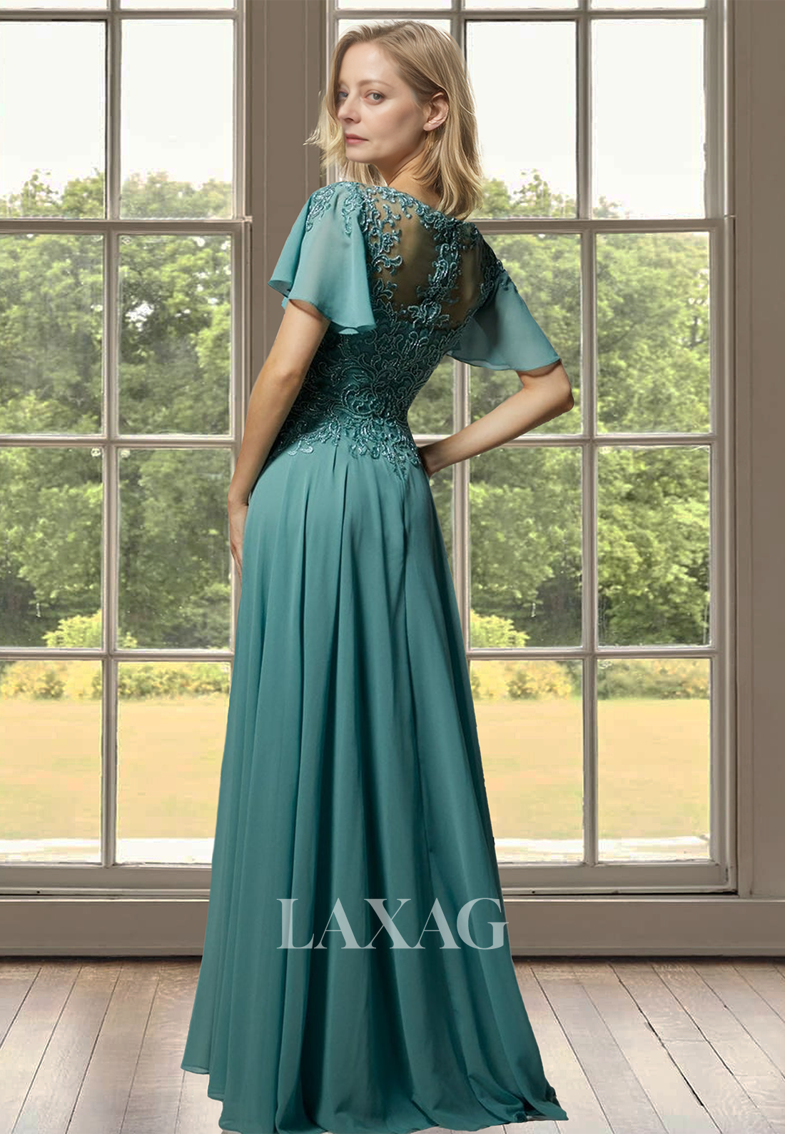 Short-Sleeves V-Neck Floor-Length Cocktail Gowns Beaded Applique Chiffon A-Line Mother of the Bride Dress