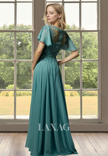 Short-Sleeves V-Neck Floor-Length Cocktail Gowns Beaded Applique Chiffon A-Line Mother of the Bride Dress