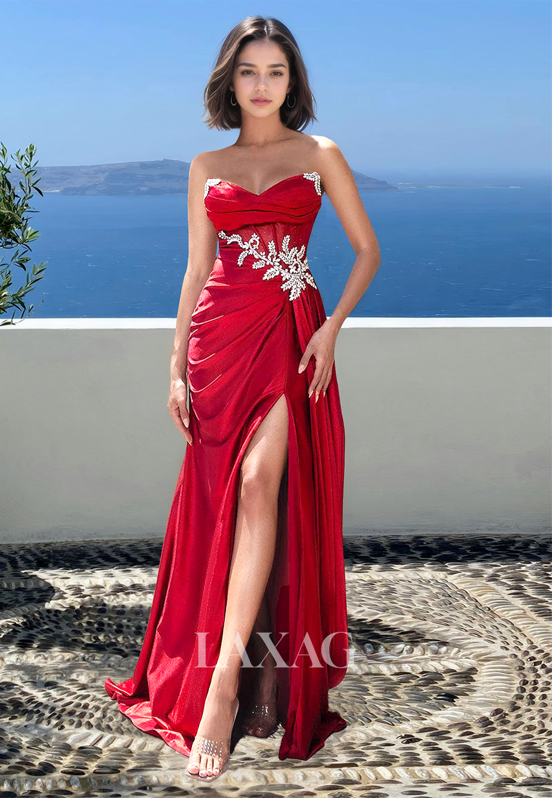 Sweetheart Off-Shoulder Sleeveless Satin Formal Gowns Beaded Pleated Mermaid Prom Dress with Slit