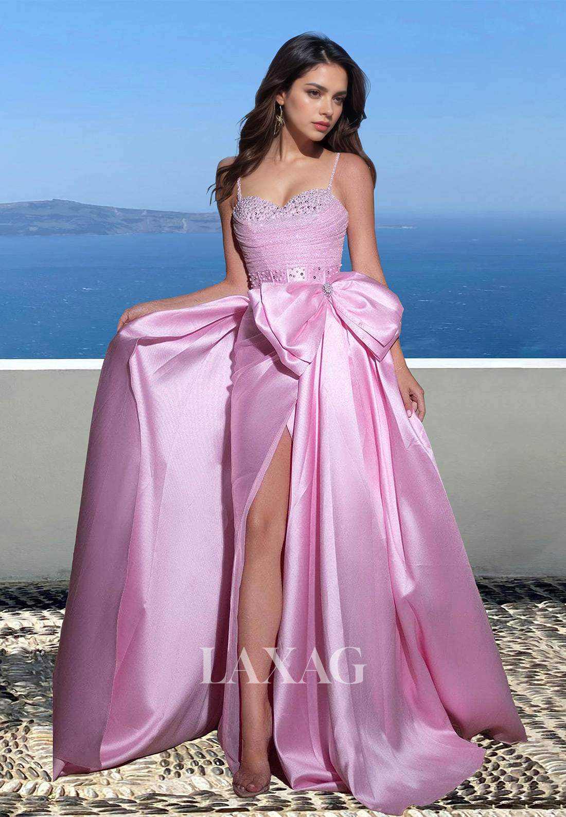 Spaghetti Straps Beaded Sweetheart Sleeveless Formal Gowns Pleated Slit A-Line Prom Dress with Big Bow