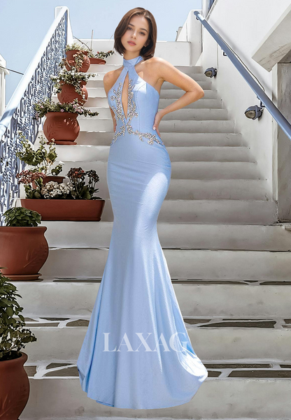 Halter-Neck Off-Shoulder Sleeveless Mermaid Prom Dress Beaded Pleated Cutout Evening Gowns