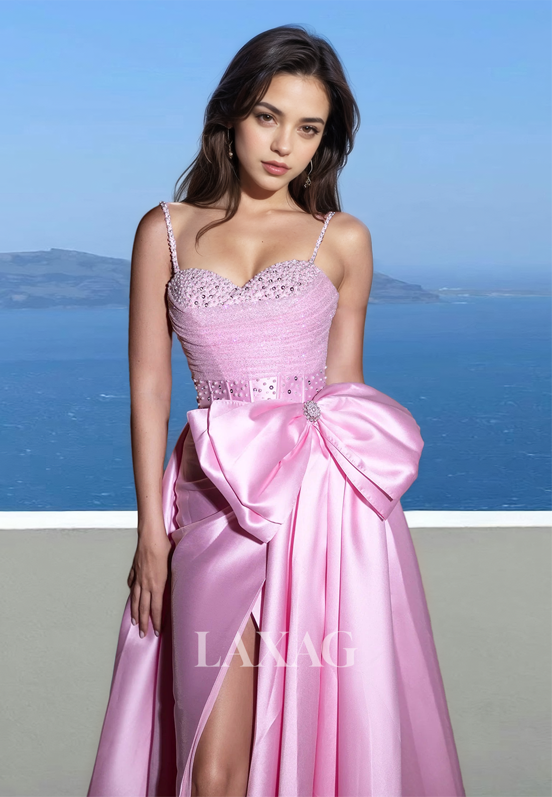 Spaghetti Straps Beaded Sweetheart Sleeveless Formal Gowns Pleated Slit A-Line Prom Dress with Big Bow