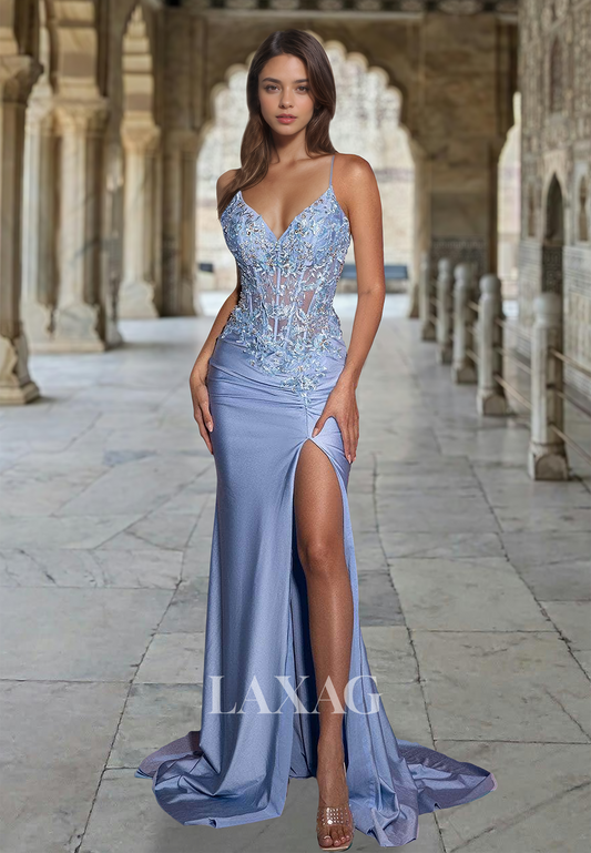 Spaghetti Straps V-Neck Sleeveless Lace Applique Sweep Train Mermaid Prom Dress with High Slit