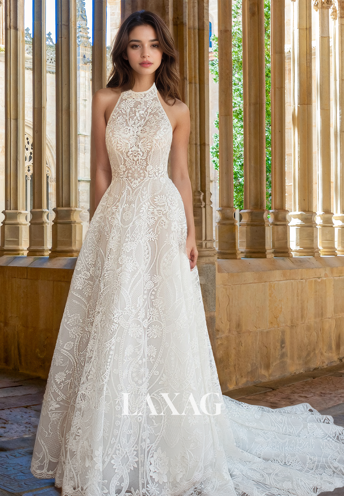 Halter Scoop-Neck Off-Shoulder Sleeveless Pleated A-Line Wedding Dress Allover Lace Sweep Train Bride Gowns Halter Scoop-Neck Off-Shoulder Sleeveless Pleated A-Line Wedding Dress Allover Lace Sweep Train Bride Gowns
