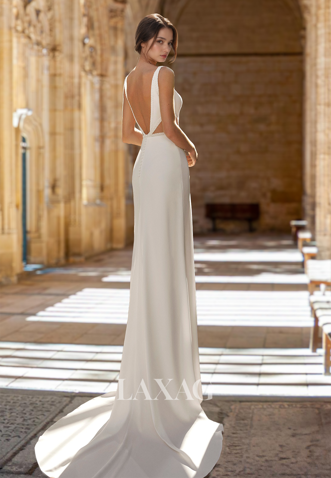 Deep V-Neck Spaghetti Straps Beaded Satin Bride Gowns Sweep Train Mermaid Wedding Dress with Overlay