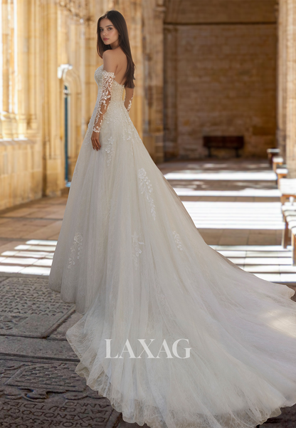 Tube Top Long-Sleeves Pleated A-Line Wedding Dress Off-Shoulder Allover Lace Applique Bride Gowns