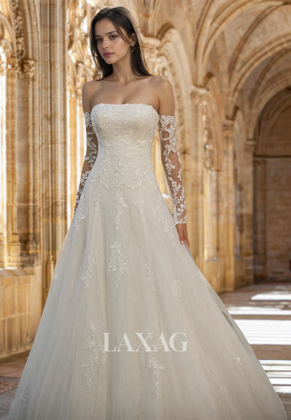 Tube Top Long-Sleeves Pleated A-Line Wedding Dress Off-Shoulder Allover Lace Applique Bride Gowns