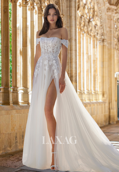 Sweetheart Off-Shoulder Sleeveless Tulle A-Line Wedding Dress Beaded Lace Applique Bride Gowns