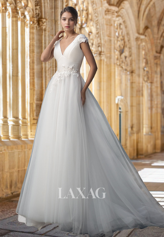 A-Line Deep V-Neck Cap-Sleeves Beaded Pleated Applique Wedding Dress with Tulle Train