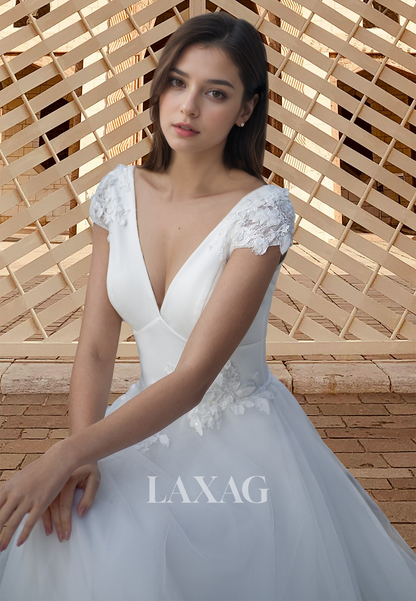 A-Line Deep V-Neck Cap-Sleeves Beaded Pleated Applique Wedding Dress with Tulle Train