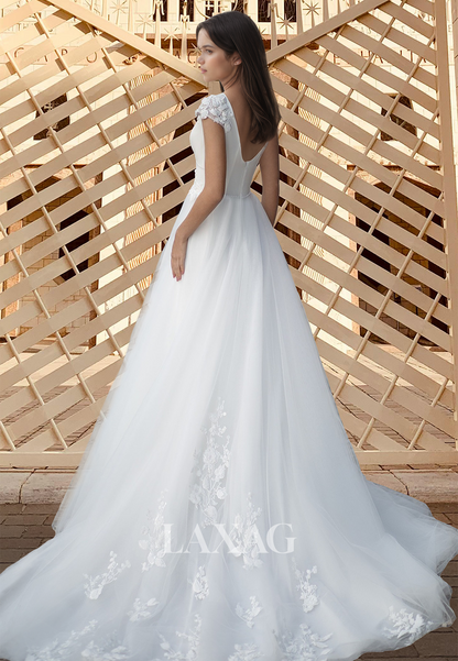 A-Line Deep V-Neck Cap-Sleeves Beaded Pleated Applique Wedding Dress with Tulle Train