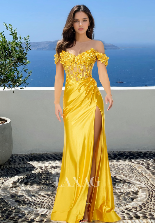 Floral Embossed Sweetheart Satin Mermaid Prom Dress Sleeveless Pleated High Slit Evening Gowns