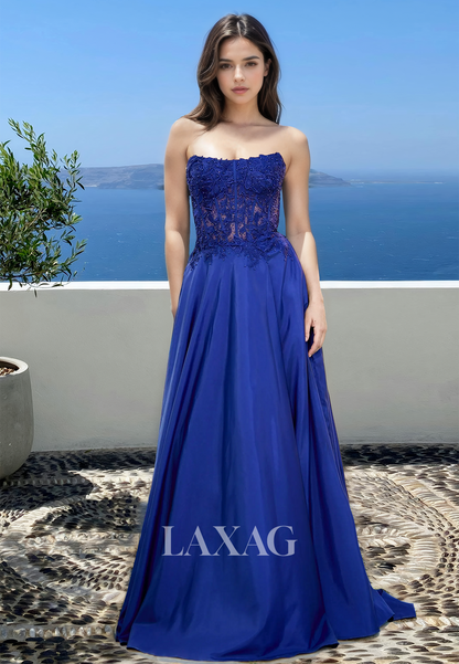 Scoop-Neck Off-Shoulder Sleeveless Pleated Beaded Applique Satin A-Line Prom Dress with Sweep Train