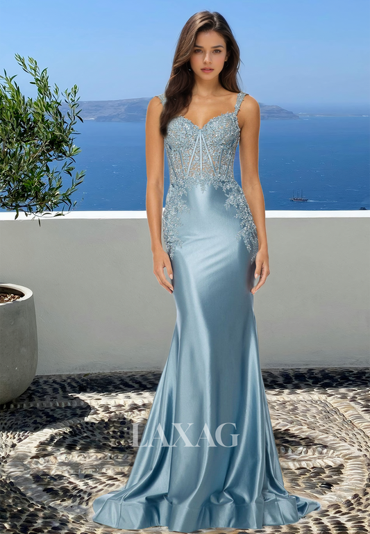 Spaghetti Straps Sweetheart Sleeveless Mermaid Prom Dress Beaded Applique Long Evening Gowns