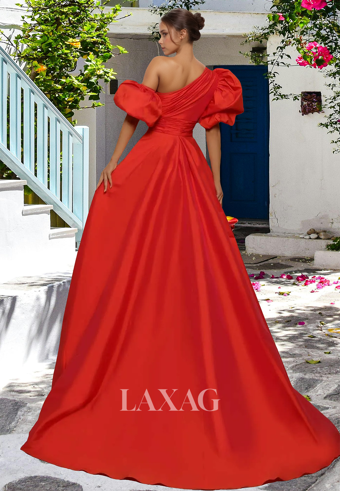 Asymmetrical-Neck Off-Shoulder Pleated Formal Gowns Puff-Sleeves Satin A-Line Prom Dress