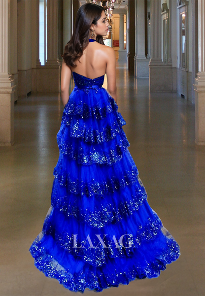 Halter Deep V-Neck Off-Shoulder Sleeveless Party Gowns Glitter-Knit Lace Applique Tiered A-Line Prom Dress