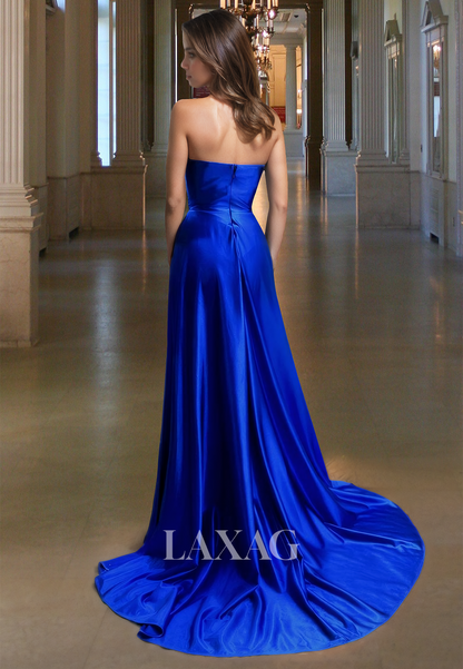 Sweetheart Sleeveless Satin Fitted Prom Dress Pleated High Slit Evening Gowns with Sweep Train