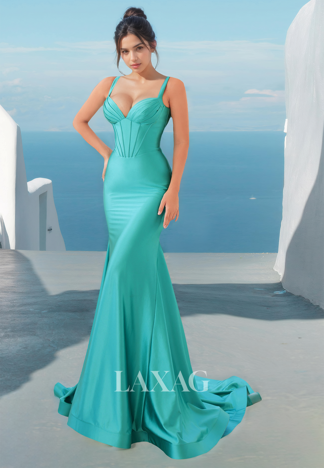 Spaghetti Straps Off-Shoulder Satin Formal Gowns Sweetheart Sleeveless Sweep Train Mermaid Prom Dress