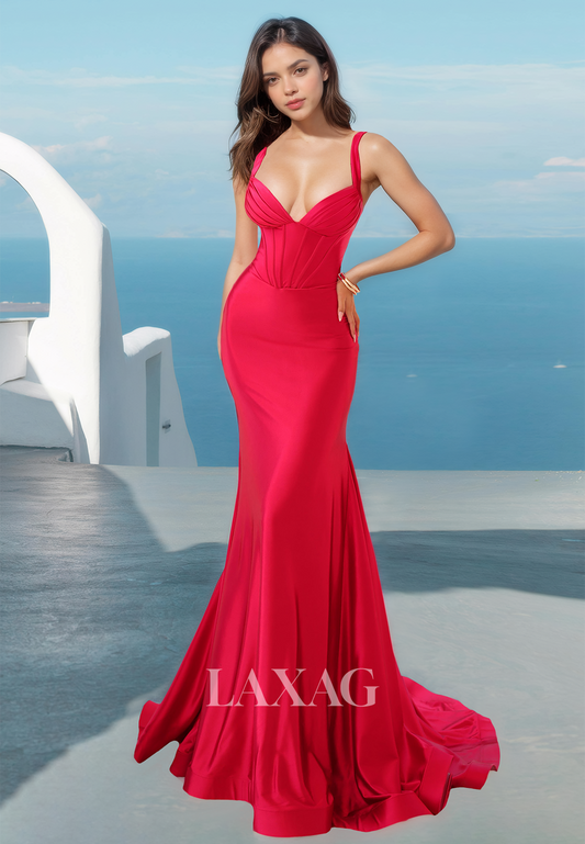 Spaghetti Straps Off-Shoulder Satin Formal Gowns Sweetheart Sleeveless Sweep Train Mermaid Prom Dress